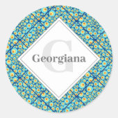 Monogrammed Sterrennacht op Zee Doodle Tiled Ronde Sticker (Voorkant)