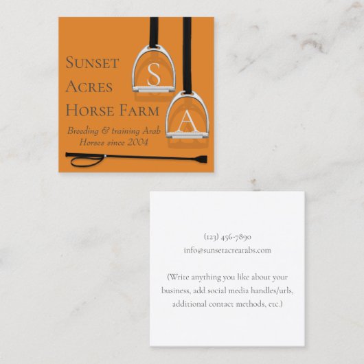 Monogrammed Stirrup Irons Oranje Equestrian Square Vierkante Visitekaartje (Voorkant / Achterkant)