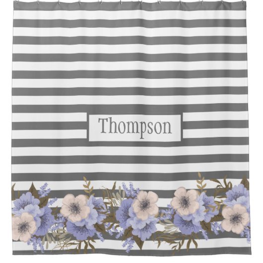 Monogrammed stoffige blauwe waterverf florale stre douchegordijn (Voorkant)