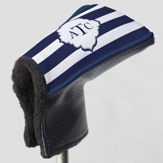 Monogrammed strepen in koningsblauw en wit kleuren golfheadcover (3/4 voorkant)