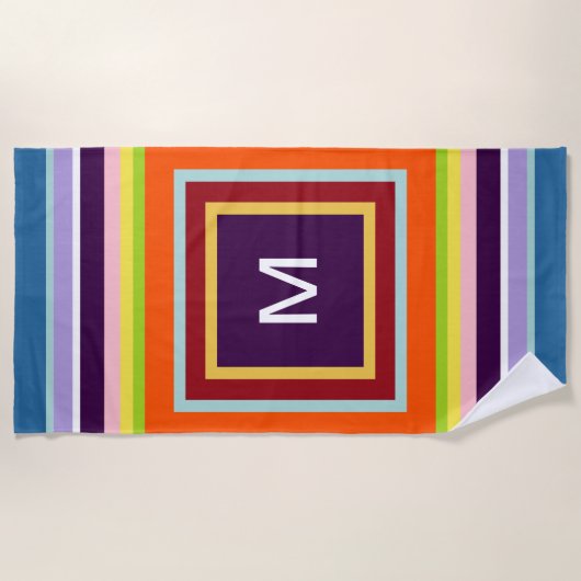 Monogrammed Stripes Roze Blauw Geel Sinaasappel Pa Strandlaken (Voorkant)