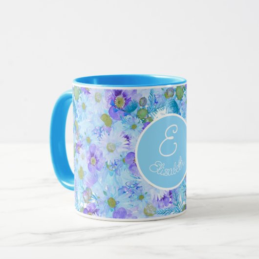 Monogrammed Struik Wildflower Romantisch Blauw Mok (Voorkant links)