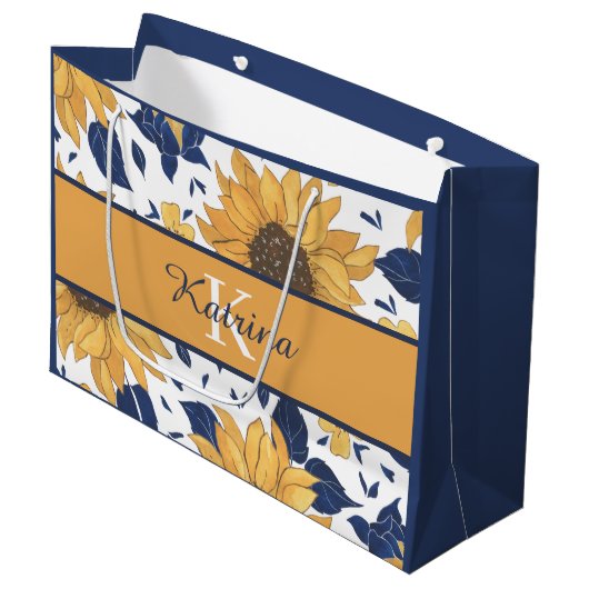Monogrammed Sunflower Gift Bag Groot Cadeauzakje (Voorkant Gekanteld)