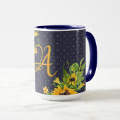 Monogrammed Sunflower Navy Blue Yellow Decor Mok (Voorkant rechts)
