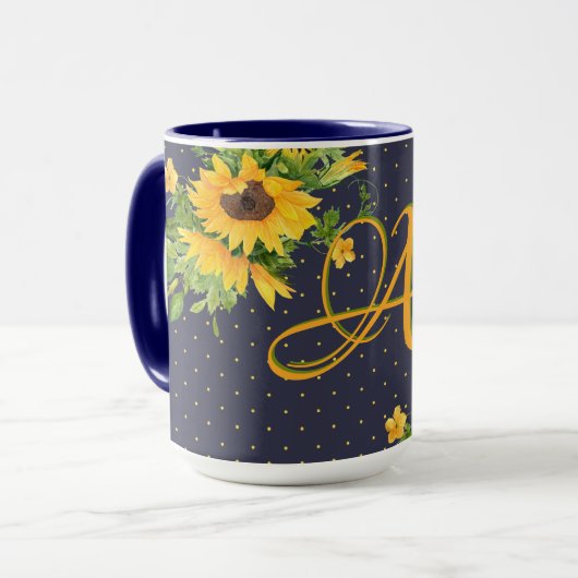 Monogrammed Sunflower Navy Blue Yellow Decor Mok (Voorkant links)