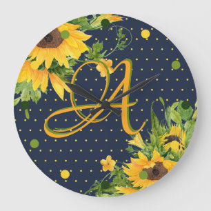 Monogrammed Sunflower Navy Blue Yellow Modern Grote Klok