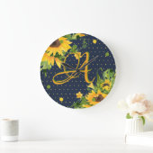 Monogrammed Sunflower Navy Blue Yellow Modern Grote Klok (Huis)
