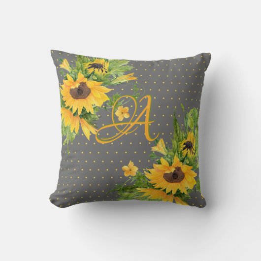 Monogrammed Sunflower Yellow Grey Decor Kussen (Voorkant)