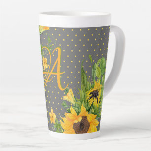 Monogrammed Sunflower Yellow Grey Decor Latte Mok