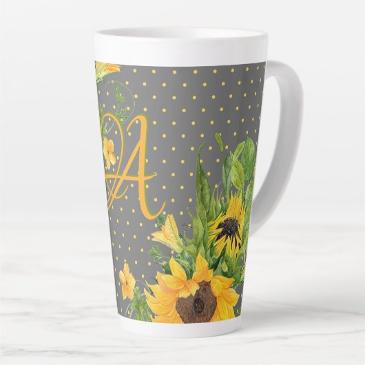 Monogrammed Sunflower Yellow Grey Decor Latte Mok (Rechterhoek)