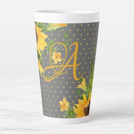 Monogrammed Sunflower Yellow Grey Decor Latte Mok (Voorkant)