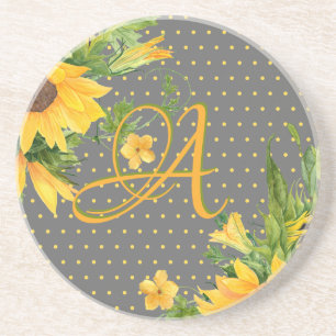Monogrammed Sunflower Yellow Grey Decor Zandsteen Onderzetter