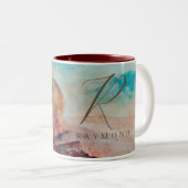 Monogrammed Sunny Clouds and Desert Landscape Tweekleurige Koffiemok (Voorkant rechts)