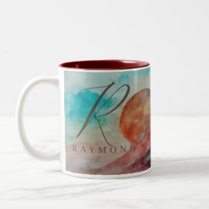 Monogrammed Sunny Clouds and Desert Landscape Tweekleurige Koffiemok