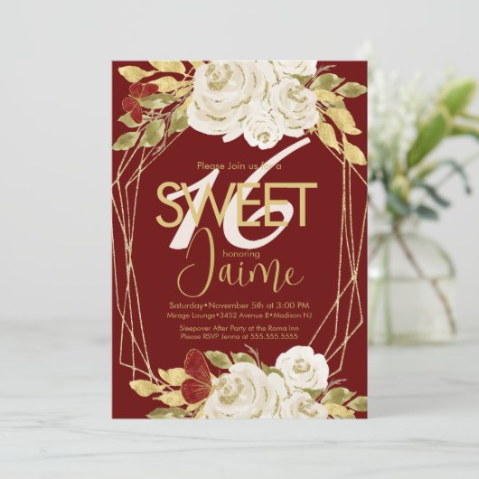 Monogrammed Sweet 16 Ivory Florals Wine Kaart (Staand voorkant)