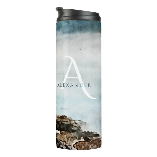 Monogrammed Tahoe Lake Waterverf Landschap Thermosbeker (Geroteerd rechts)