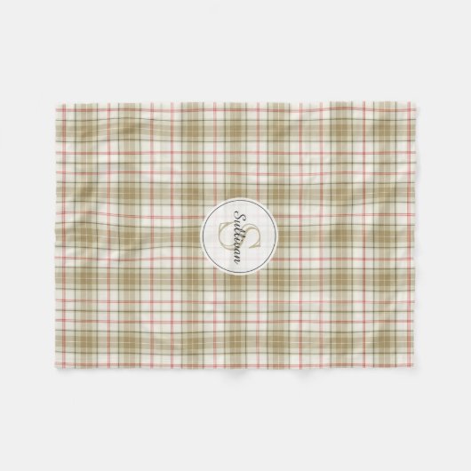 Monogrammed Tan en Rood Plaid Rustiek Patroon Geze Fleece Deken (Voorkant (Horizontaal))
