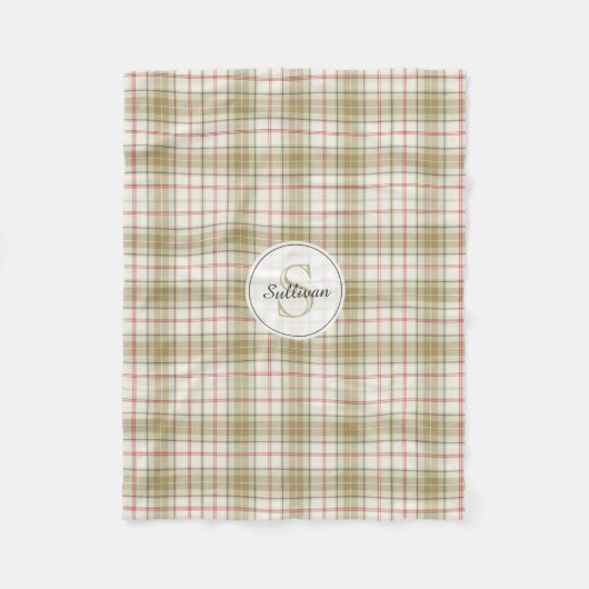 Monogrammed Tan en Rood Plaid Rustiek Patroon Geze Fleece Deken (Voorkant)