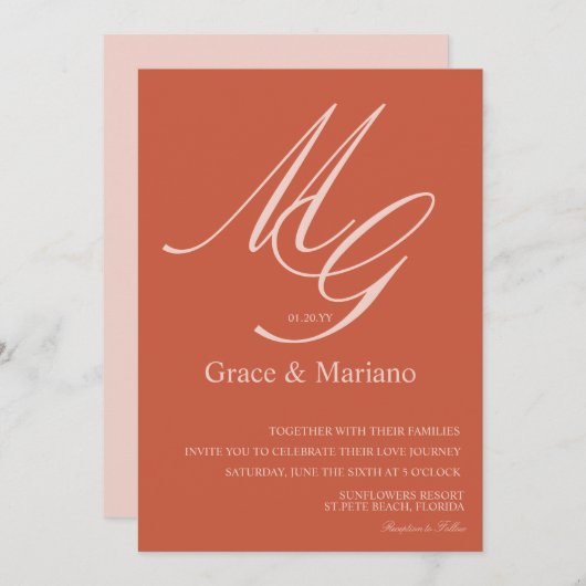 Monogrammed Terracotta Pink Muted Wedding Kaart (Voorkant / Achterkant)