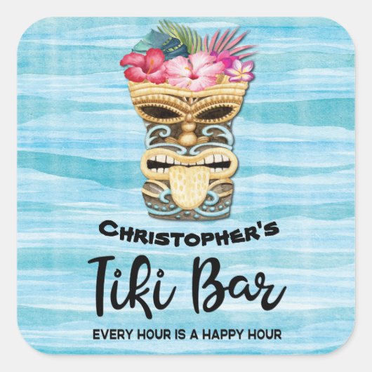Monogrammed Tiki Bar Vierkante Sticker (Voorkant)