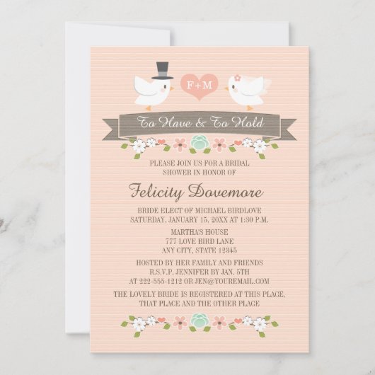 Monogrammed Tortelduifjes Bridal Shower Invitation Kaart (Voorkant)