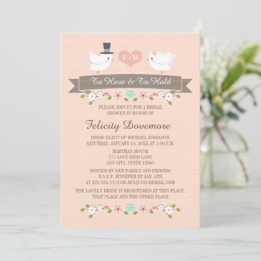 Monogrammed Tortelduifjes Bridal Shower Invitation Kaart (Staand voorkant)