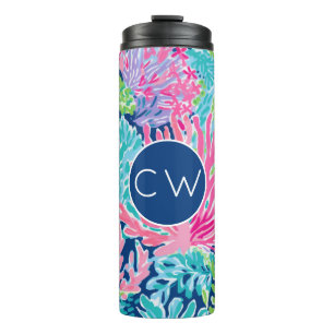 Monogrammed Tropical Ocean Pattern Roze Blauw Thermosbeker