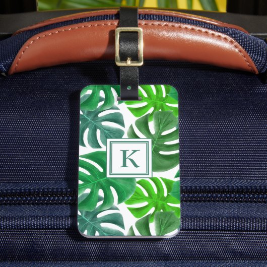 Monogrammed Tropical Palm Leaves Pattern Bagagelabel (Voorkant Insitu 2)