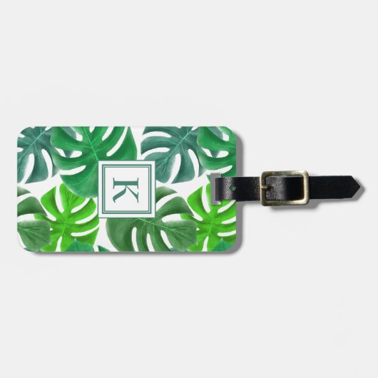 Monogrammed Tropical Palm Leaves Pattern Bagagelabel (Voorkant horizontaal)