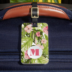 Monogrammed Tropical Planten Floral Pattern Bagagelabel