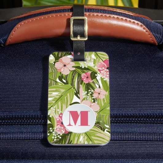 Monogrammed Tropical Planten Floral Pattern Bagagelabel (Voorkant Insitu 2)
