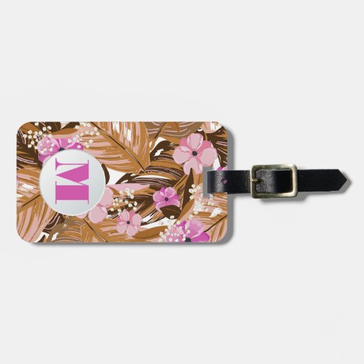 Monogrammed Tropical Planten Floral Pattern Bagagelabel (Voorkant horizontaal)