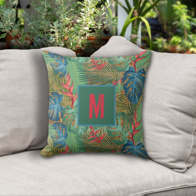 Monogrammed Tropische Floral op de Druk van de Wic Buitenkussen (Monogrammed Tropical Floral on Wicker Print Outdoor Pillow - 2 sizes)