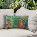 Monogrammed Tropische Floral op de Druk van de Wic Kussen<br><div class="desc">Je initiaal,  tropische rode heliconia bloemen en bladeren op een geweven teenwildepringspatroon maken stijlvolle zomerknollen met de thema's lumber-worstkussens. Punten in onze winkel koppelen.</div>