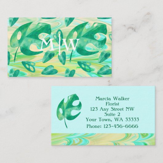 Monogrammed Tropische Monstera Leaf Green Luxury Visitekaartje (Voorkant / Achterkant)