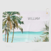 Monogrammed tropische palmboom Blauw strand Golfhanddoek (Horizontaal)