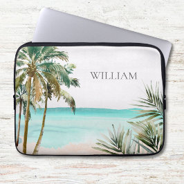 Monogrammed tropische palmboom Blauw strand Laptop Sleeve