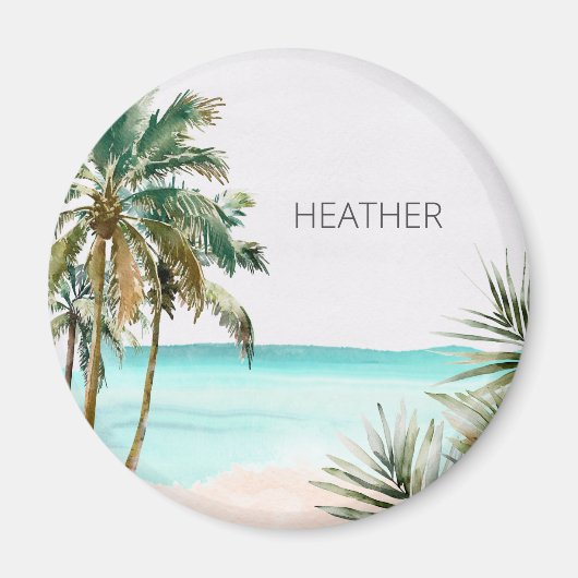 Monogrammed tropische palmboom Blauw strand Magneet (Voorkant)