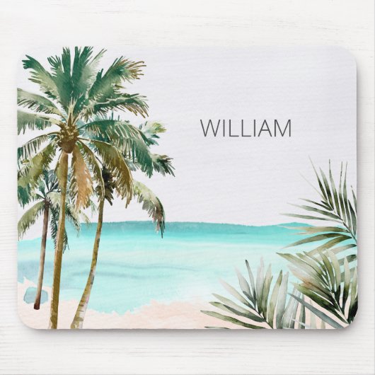 Monogrammed tropische palmboom Blauw strand Muismat (Voorkant)