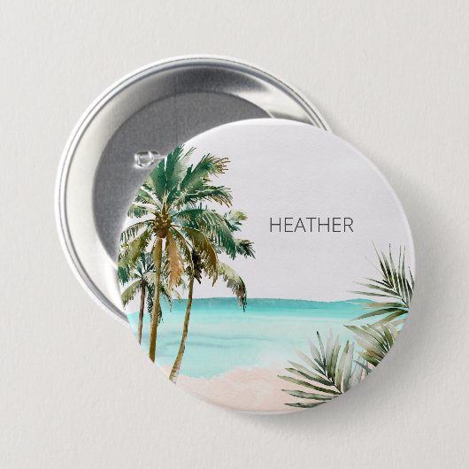 Monogrammed tropische palmboom Blauw strand Ronde Button 7,6 Cm (Voorkant /achterkant)