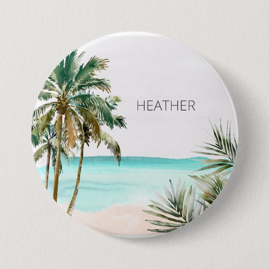 Monogrammed tropische palmboom Blauw strand Ronde Button 7,6 Cm (Voorkant)