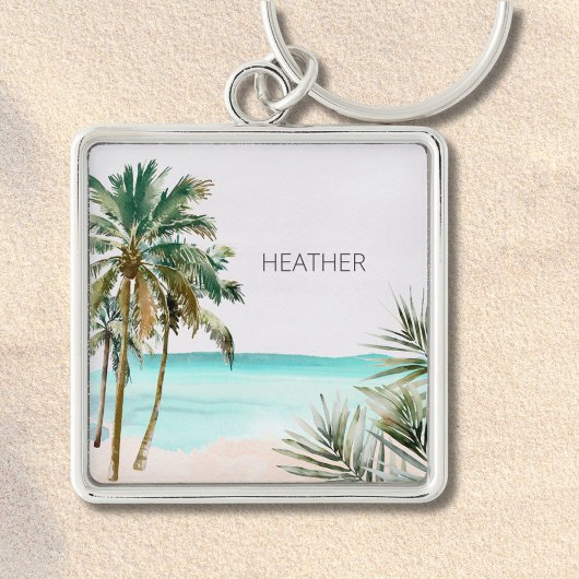 Monogrammed tropische palmboom Blauw strand Sleutelhanger