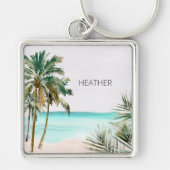 Monogrammed tropische palmboom Blauw strand Sleutelhanger (Voorkant)