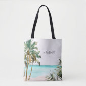 Monogrammed tropische palmboom Blauw strand Tote Bag (Voorkant)