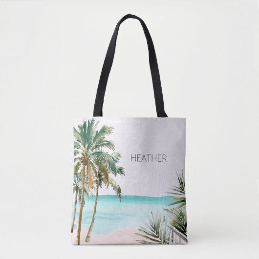 Monogrammed tropische palmboom Blauw strand Tote Bag (Voorkant)