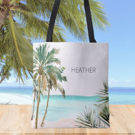 Monogrammed tropische palmboom Blauw strand Tote Bag