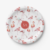 Monogrammed Tropische Roze Flamingo Waterverf Papieren Bordje (Voorkant)