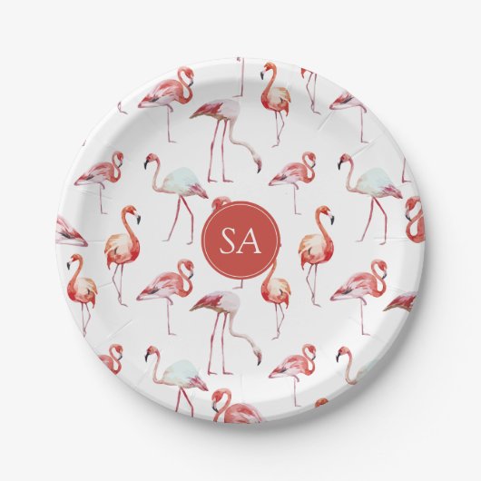 Monogrammed Tropische Roze Flamingo Waterverf Papieren Bordje (Voorkant)