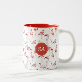 Monogrammed Tropische Roze Flamingo Waterverf Tweekleurige Koffiemok