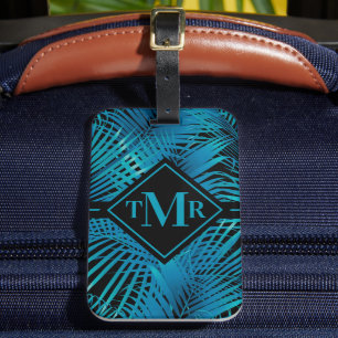 Monogrammed Turquoise Black Palm Bagagelabel